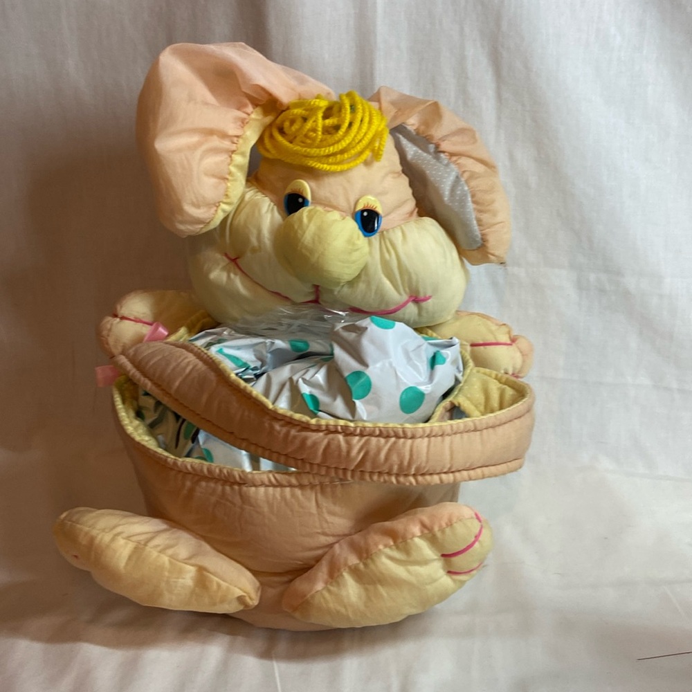Vintage very rare nylon eater basket rabbit plush with string yellow hair